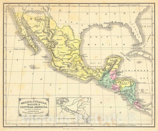 Historic Map : 1855 Mexico, Yucata, Balize & Central America  : Vintage Wall Art