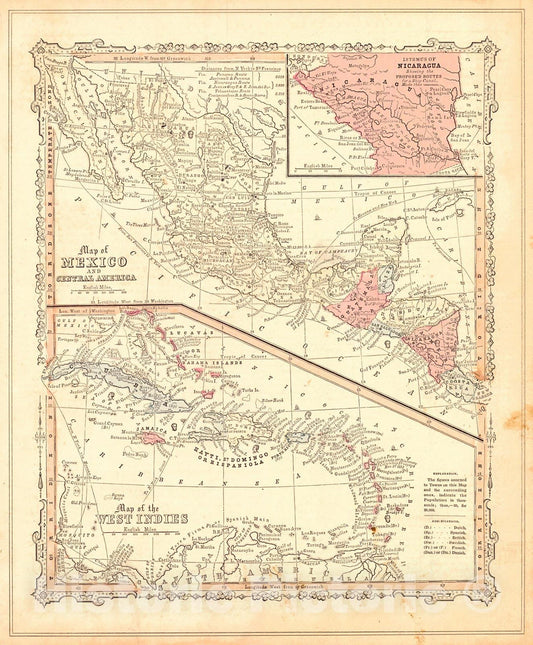 Historic Map : 1855 Map of Mexico and Central America - Map of the West Indies : Vintage Wall Art