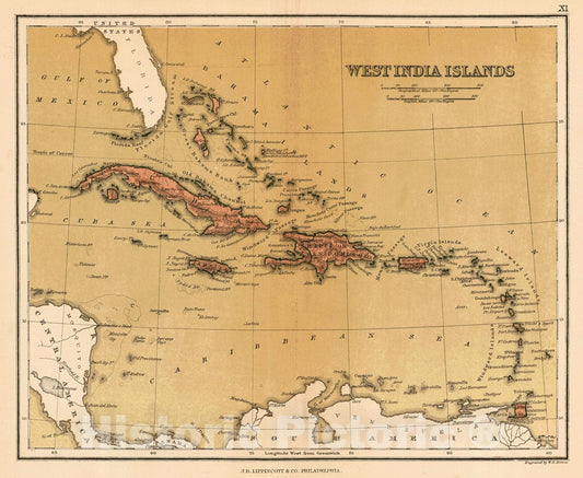 Historic Map : 1869 West India Islands : Vintage Wall Art