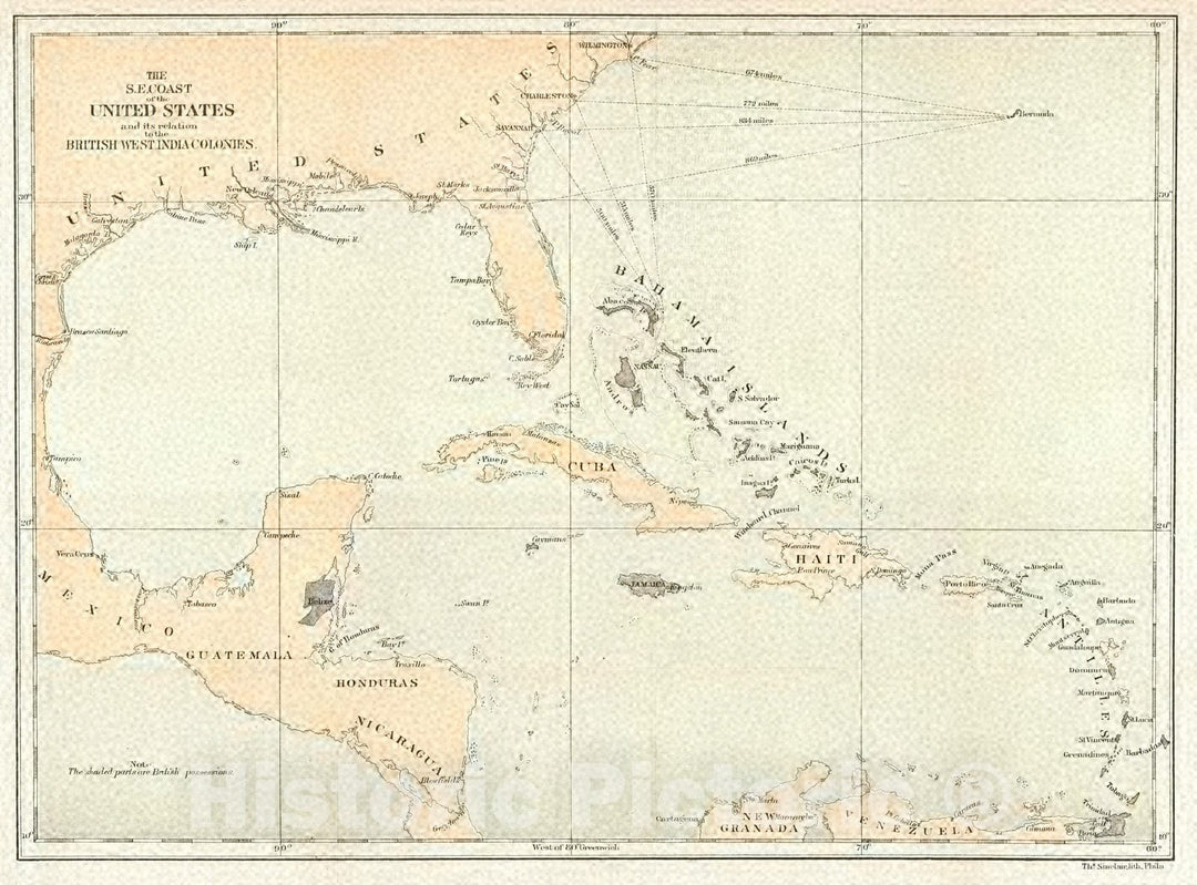 Historic Map : 1872 The S.E. Coast of the United States and its relation to the British West India Colonies : Vintage Wall Art