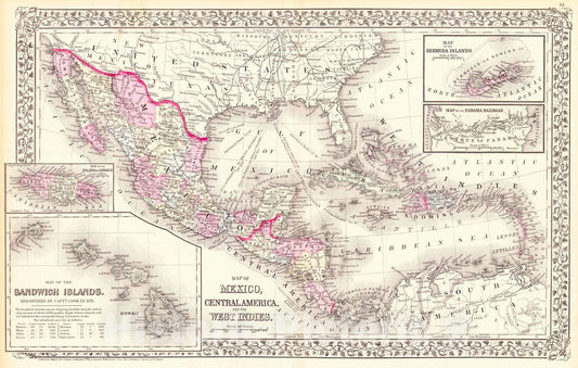 Historic Map : 1874 Map of Mexico, Central America, and the West Indies : Vintage Wall Art