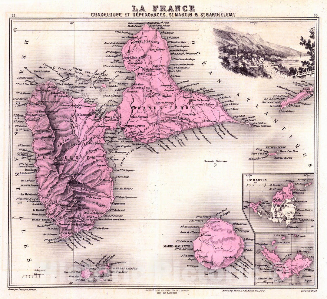 Historic Map : 1881 La France - Guadaloupe et Dependances, St. Martin & St. Barthelemy : Vintage Wall Art