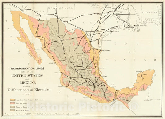 Historic Map : 1884 Transportation Lines between the United States and Mexico, Showing Differences of Elevation : Vintage Wall Art