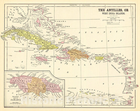 Historic Map : 1893 The Antilles or West India Islands : Vintage Wall Art