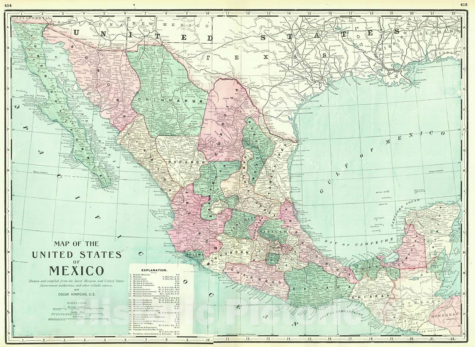 Historic Map : 1895 Map of the United States of Mexico : Vintage Wall Art