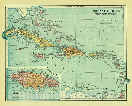 Historic Map : 1896 The Antilles or West India Islands : Vintage Wall Art