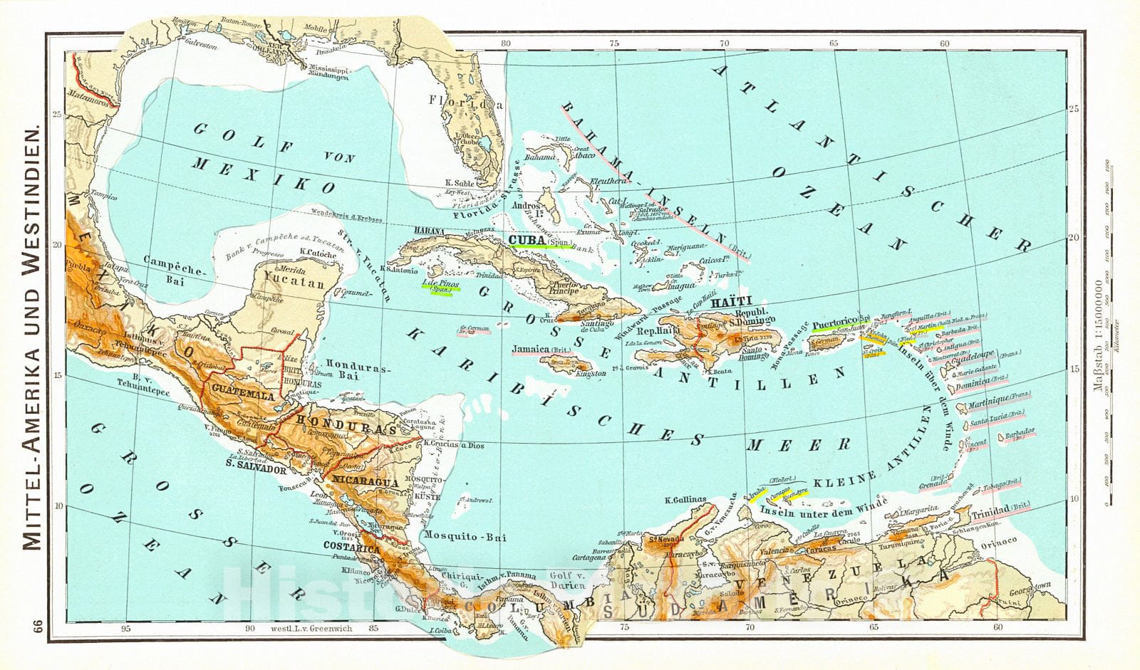 Historic Map : 1898 Mittel-Amerika und Westindien : Vintage Wall Art
