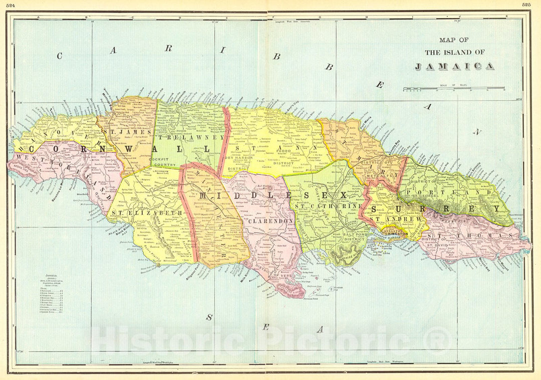 Historic Map : 1899 Map of the Island of Jamaica : Vintage Wall Art