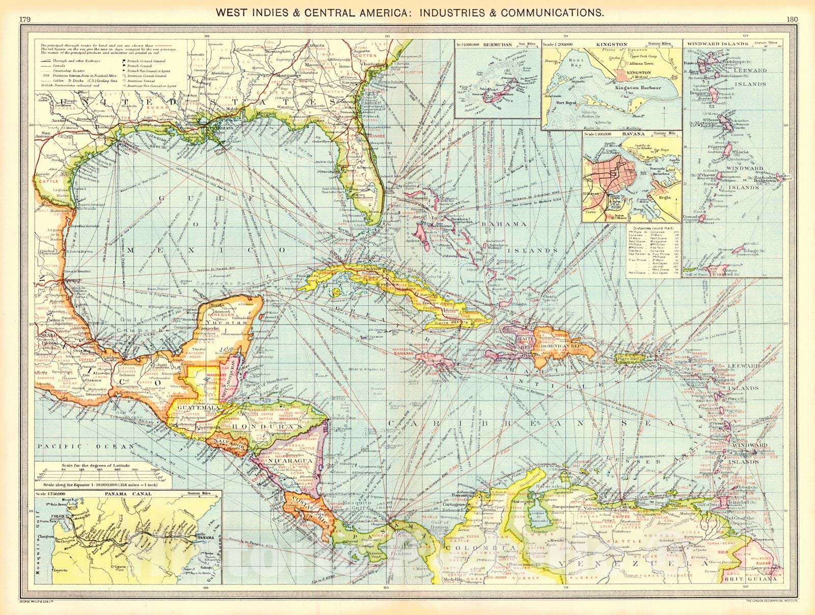 Historic Map : 1910 West Indies and Central America: Industries and Communications : Vintage Wall Art