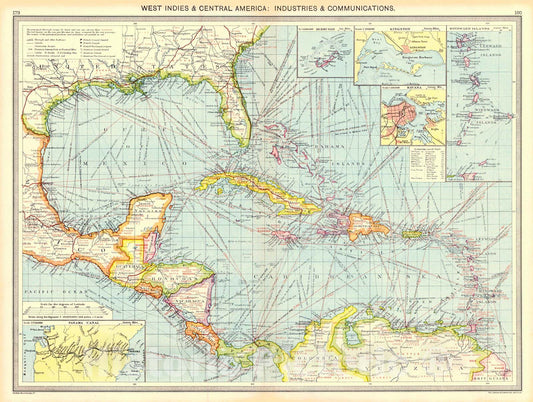 Historic Map : 1910 West Indies and Central America: Industries and Communications : Vintage Wall Art