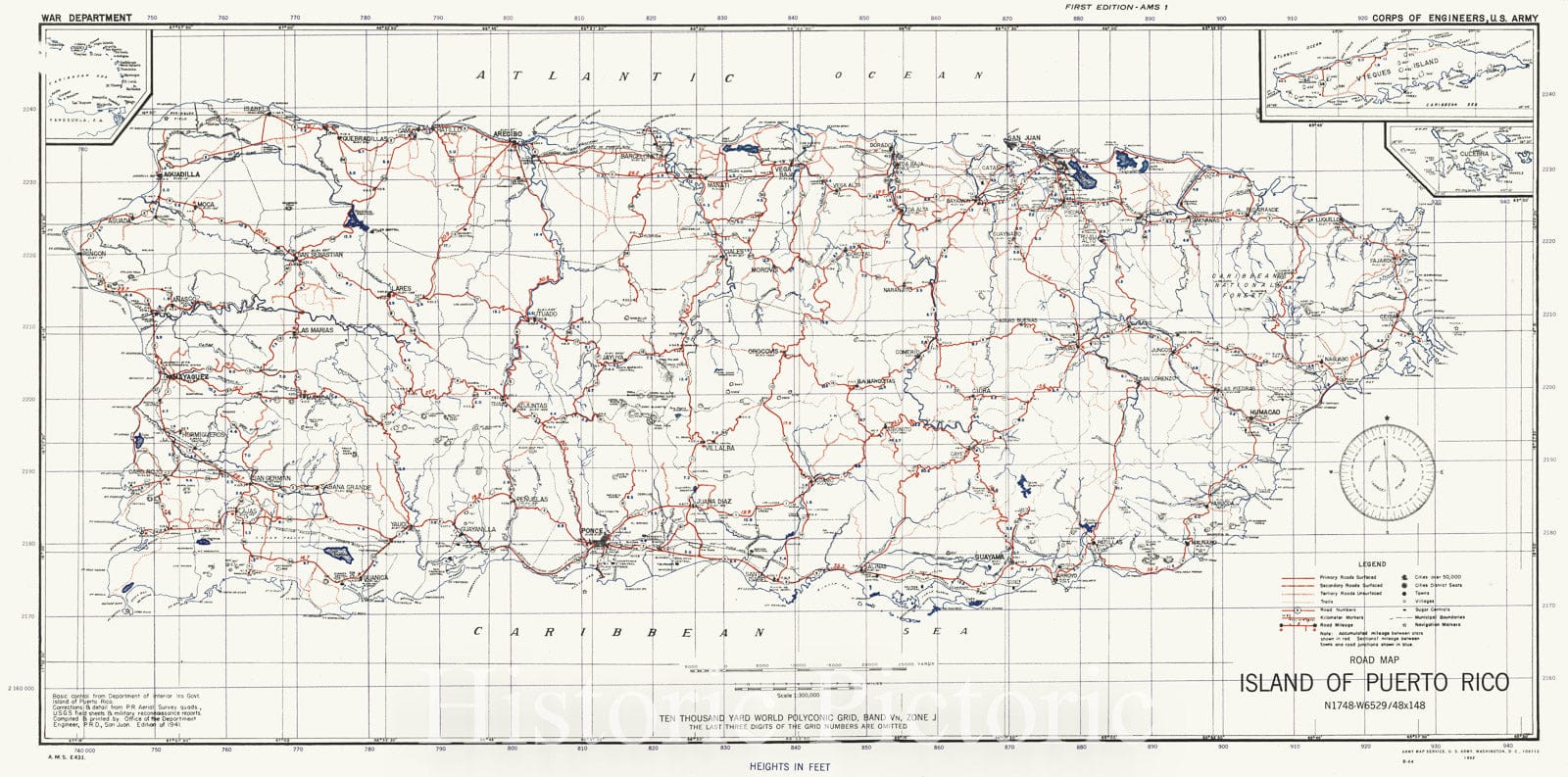 Historic Map : 1942 Road Map, Island of Puerto Rico : Vintage Wall Art