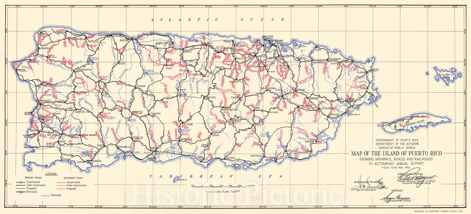 Historic Map : 1943 Map of the Island of Puerto Rico Showing Highways, Roads and Railroads : Vintage Wall Art