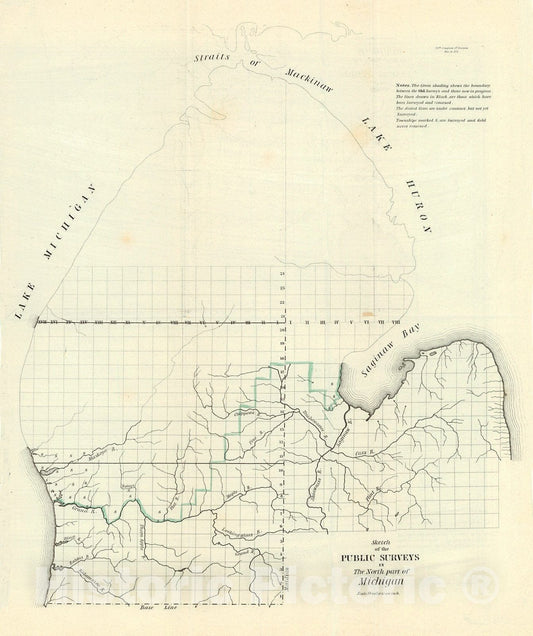Historic Map : 1837 Sketch of the Public Survey's in the North Part of Michigan : Vintage Wall Art