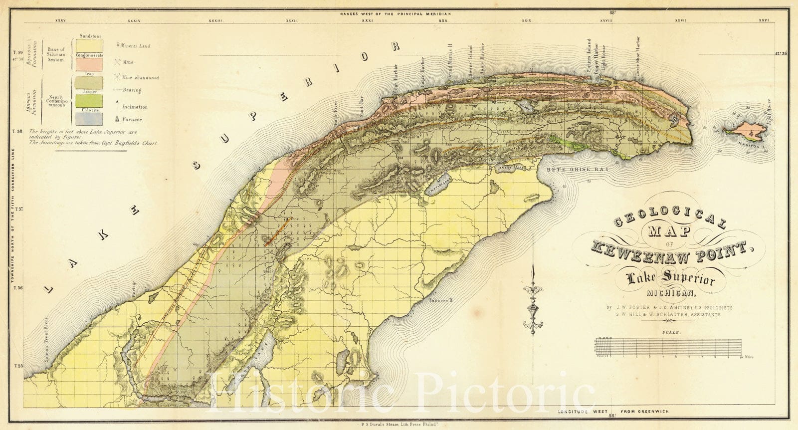Historic Map : 1845 Geological Map of Keweenaw Point, Lake Superoir, Michigan : Vintage Wall Art