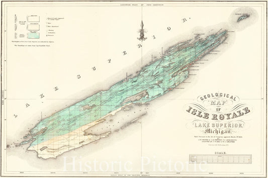 Historic Map : 1847 Geological Map of Isle Royale, Lake Superior, Michigan : Vintage Wall Art