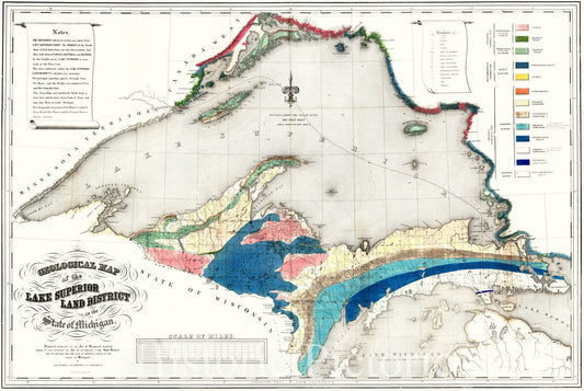 Historic Map : 1851 Geological Map of the Lake Superior Land District in the State of Michigan : Vintage Wall Art