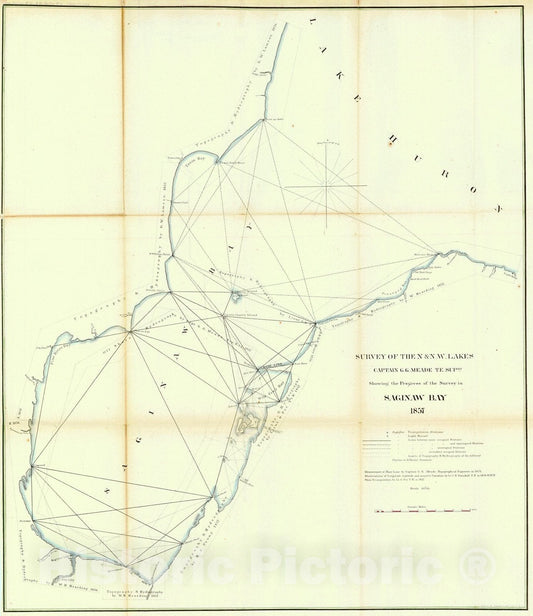 Historic Map : 1857 Survey of the N. and N.W. Lakes Showing the Progress of the Survey in Saginaw Bay, 1857 : Vintage Wall Art