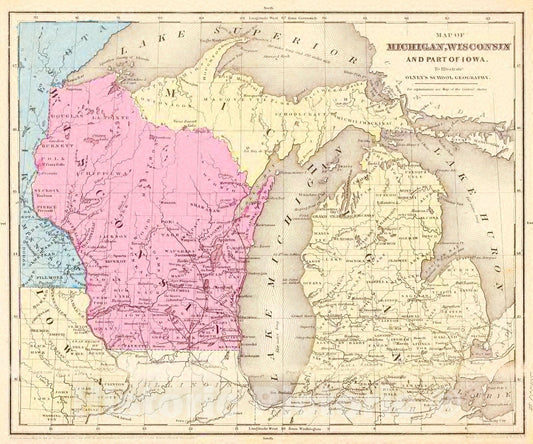 Historic Map : 1858 Map of Michigan, Wisconsin, and Part of Iowa : Vintage Wall Art