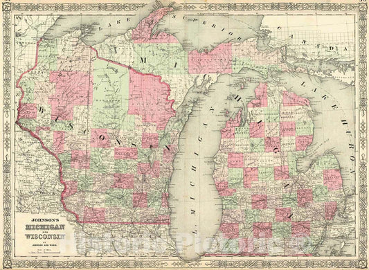 Historic Map : 1864 Johnson's Michigan and Wisconsin : Vintage Wall Art