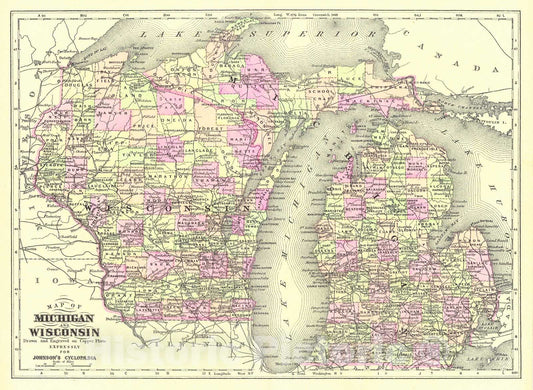 Historic Map : 1889 Map of Michigan and Wisconsin : Vintage Wall Art