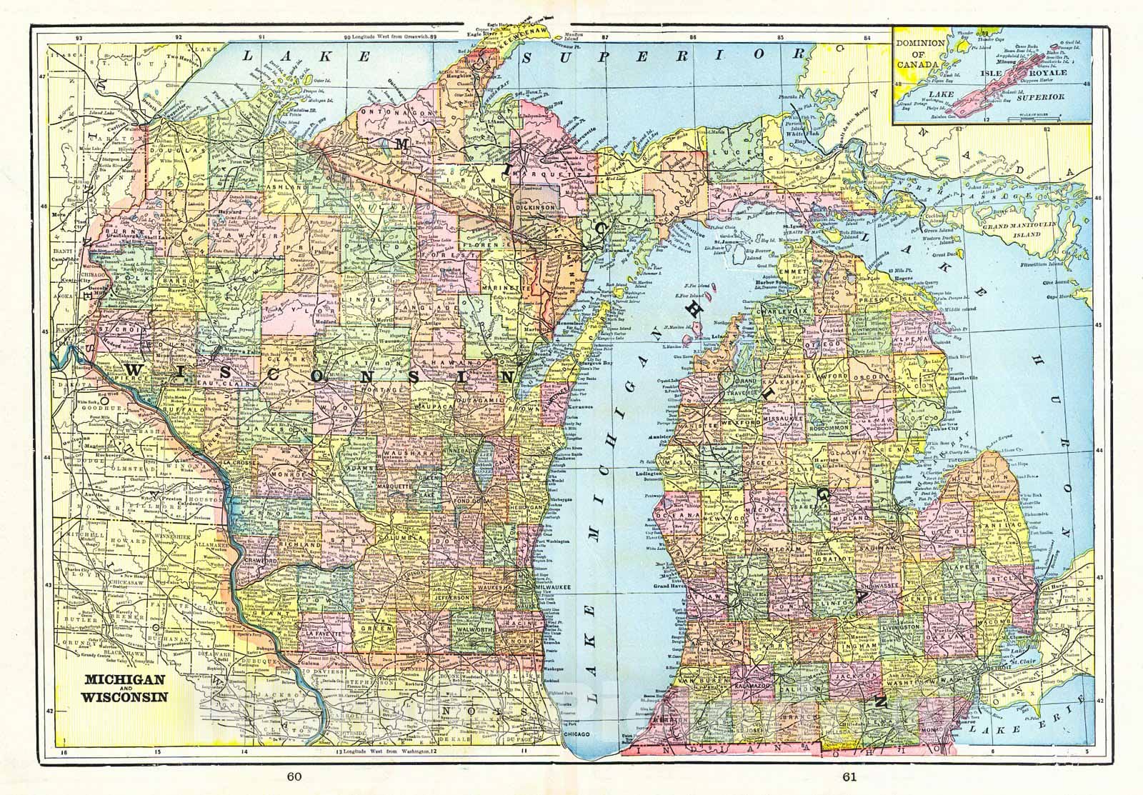 Historic Map :  Michigan and Wisconsin, , 1898 : Vintage Wall Art