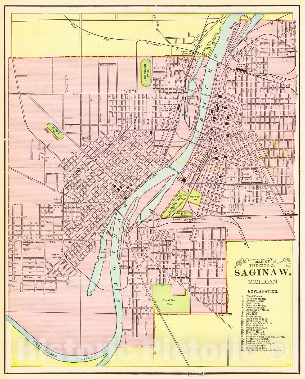 Historic Map :  Map of the City of Saginaw, Michigan, Michigan, 1898 : Vintage Wall Art
