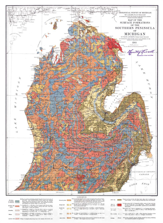 Historic Map : 1911 Map of the Surface Formations of the Southern Peninsula of Michigan : Vintage Wall Art