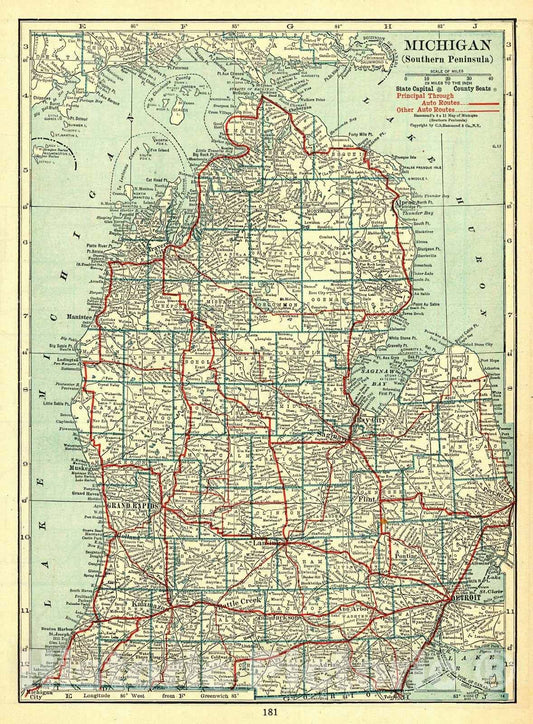 Historic Map : 1917 Michigan (Southern Peninsula) : Vintage Wall Art
