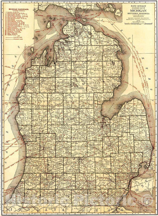 Historic Map : 1921 Michigan, Southern Peninsula : Vintage Wall Art