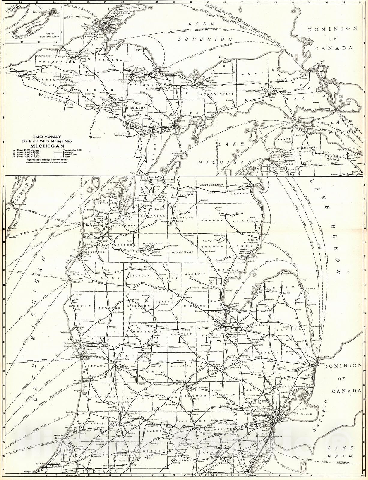 Historic Map : 1921 Michigan- Black and White Mileage Map  : Vintage Wall Art