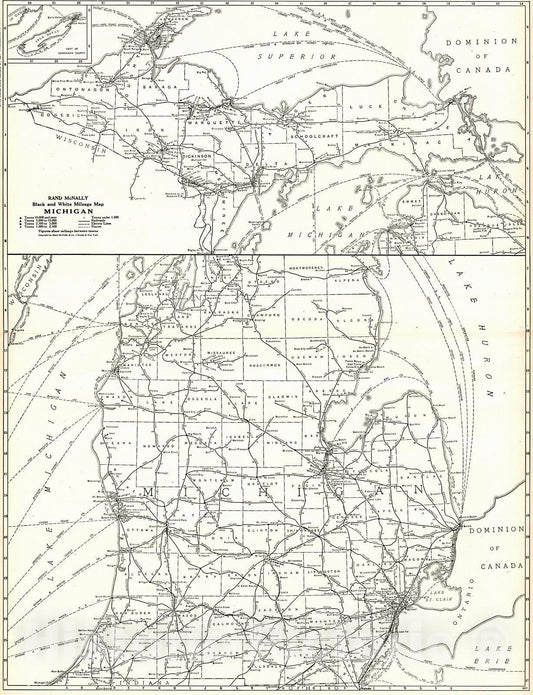 Historic Map : 1921 Michigan- Black and White Mileage Map  : Vintage Wall Art