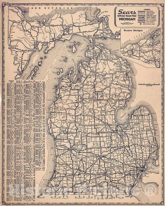 Historic Map : 1937 Sears Offical Road Map, Michigan : Vintage Wall Art