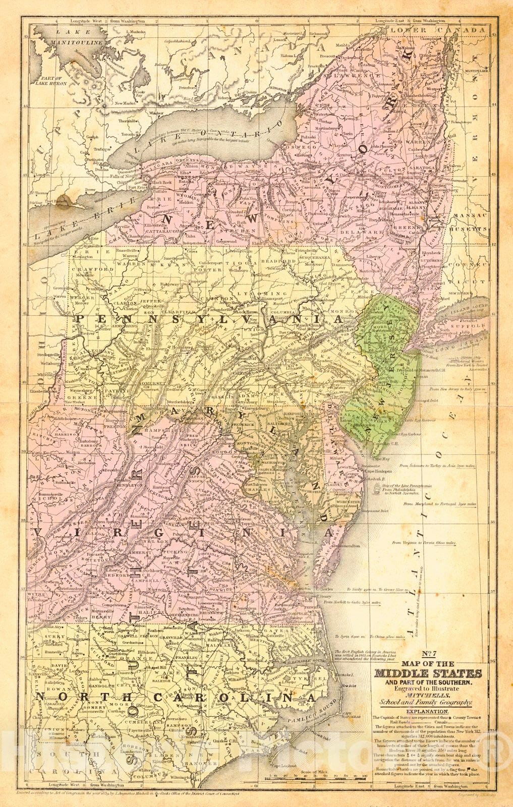 Historic Map : 1839 No. 7 Map of the Middle States and Part of the Southern : Vintage Wall Art