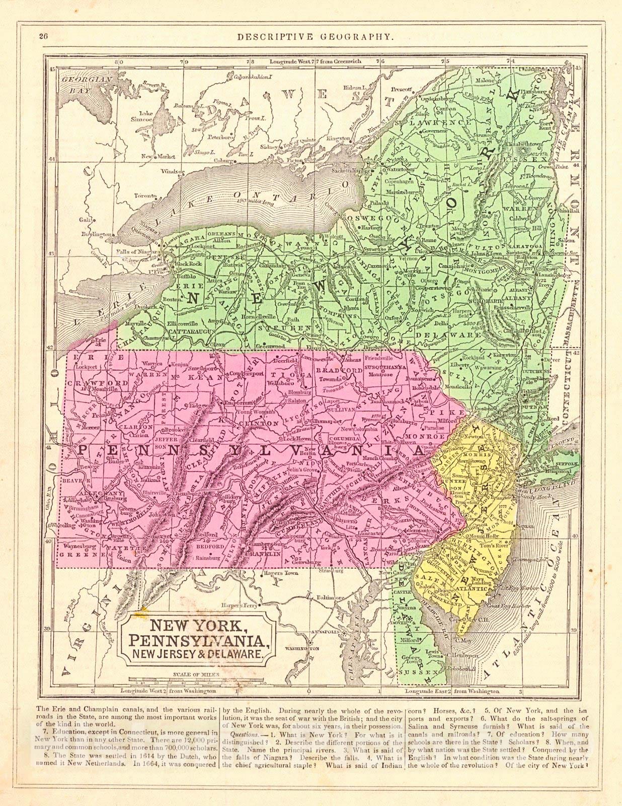 Historic Map : 1851 New York, Pennsylvania, New Jersey, and Delaware : Vintage Wall Art