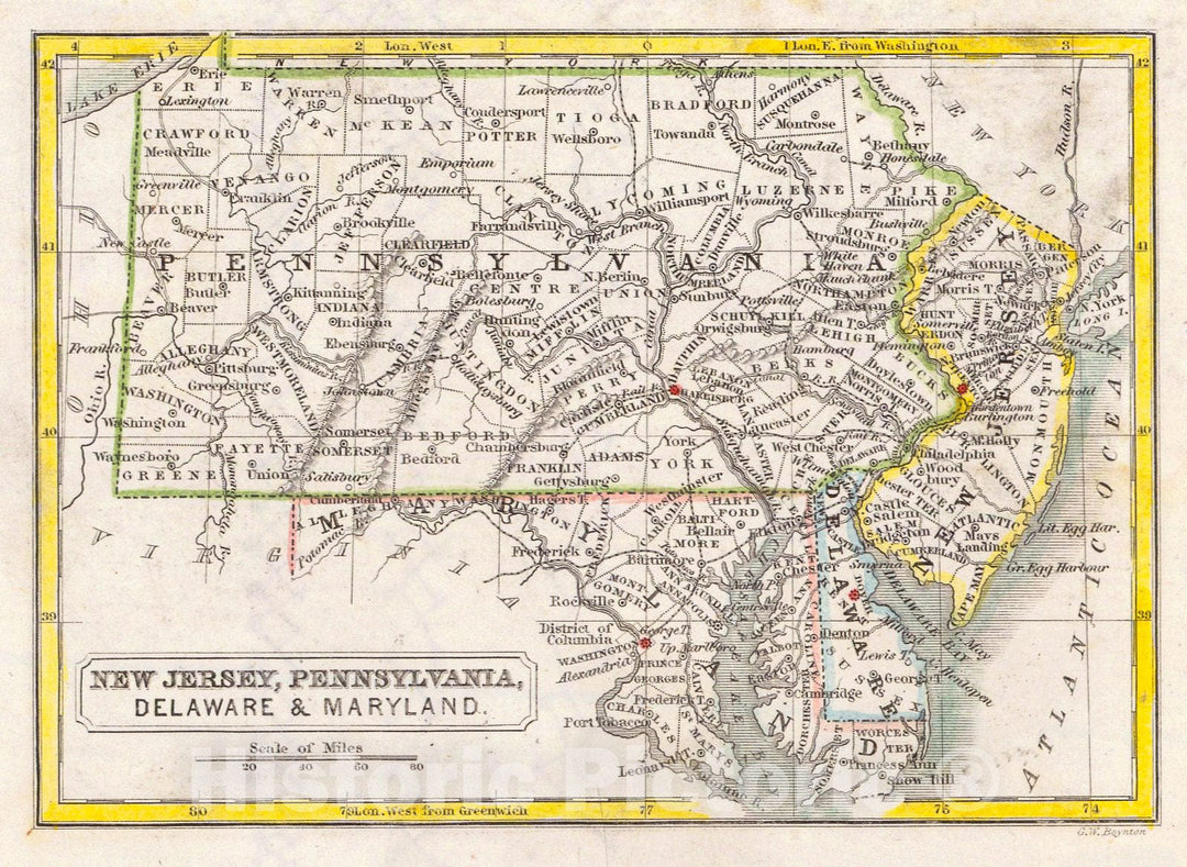 Historic Map : 1860 New Jersey, Pennsylvania, Delaware, and Maryland : Vintage Wall Art