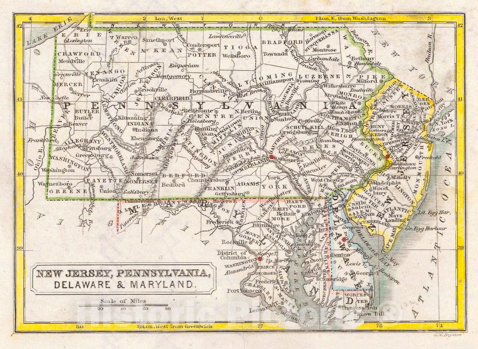 Historic Map : 1860 New Jersey, Pennsylvania, Delaware, and Maryland : Vintage Wall Art
