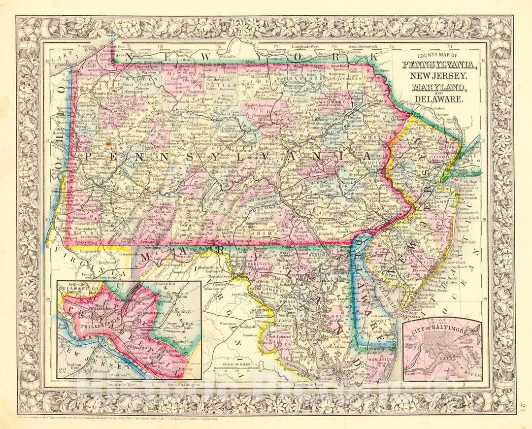 Historic Map : 1861 County Map of Pennsylvania, New Jersey, Maryland, and Delaware : Vintage Wall Art