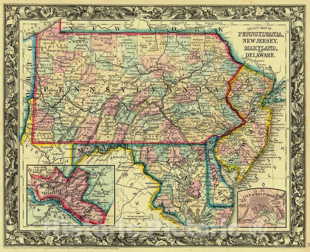 Historic Map : 1861 County Map of Pennsylvania, New Jersey, Maryland and Delaware : Vintage Wall Art