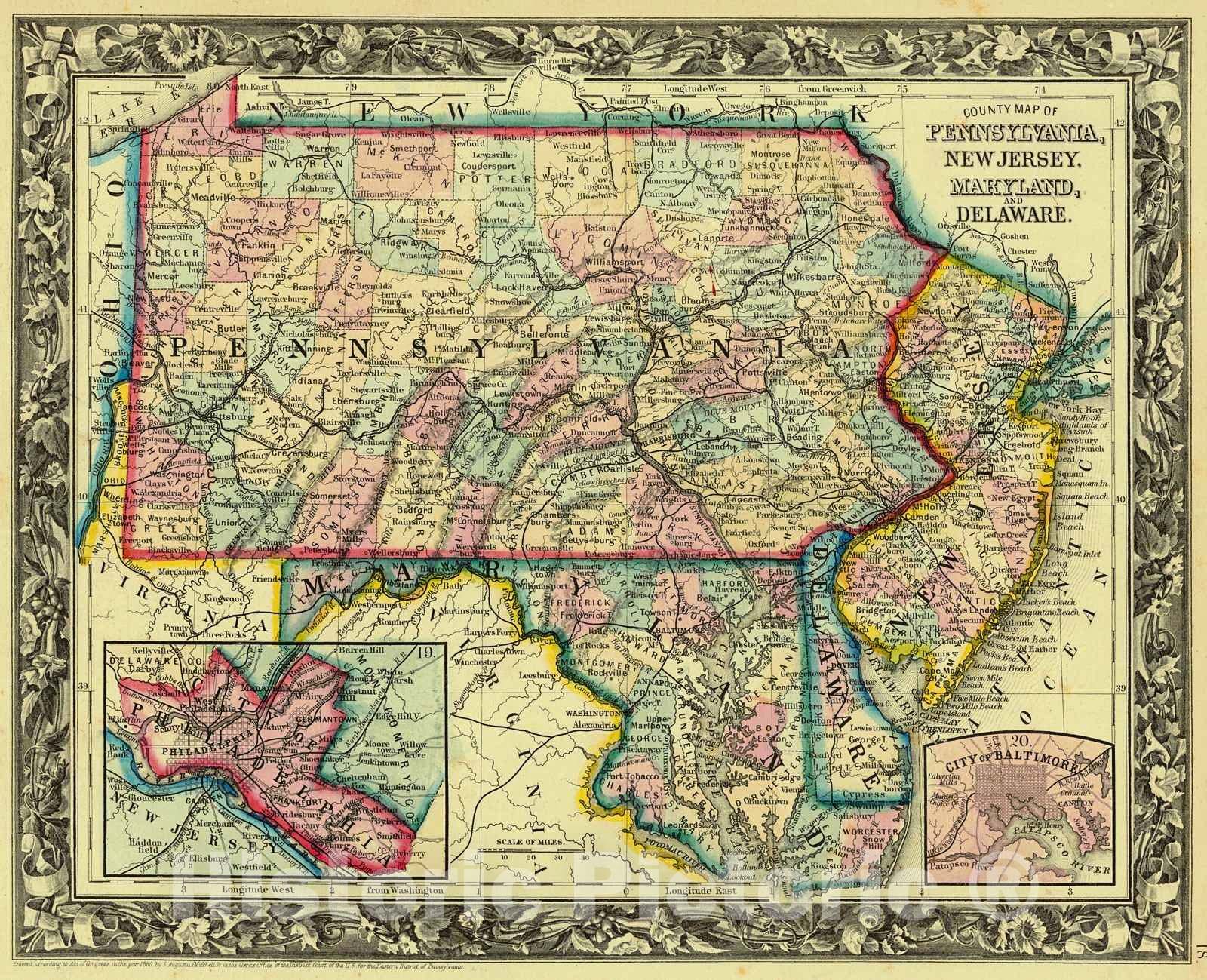 Historic Map : 1861 County Map of Pennsylvania, New Jersey, Maryland and Delaware : Vintage Wall Art