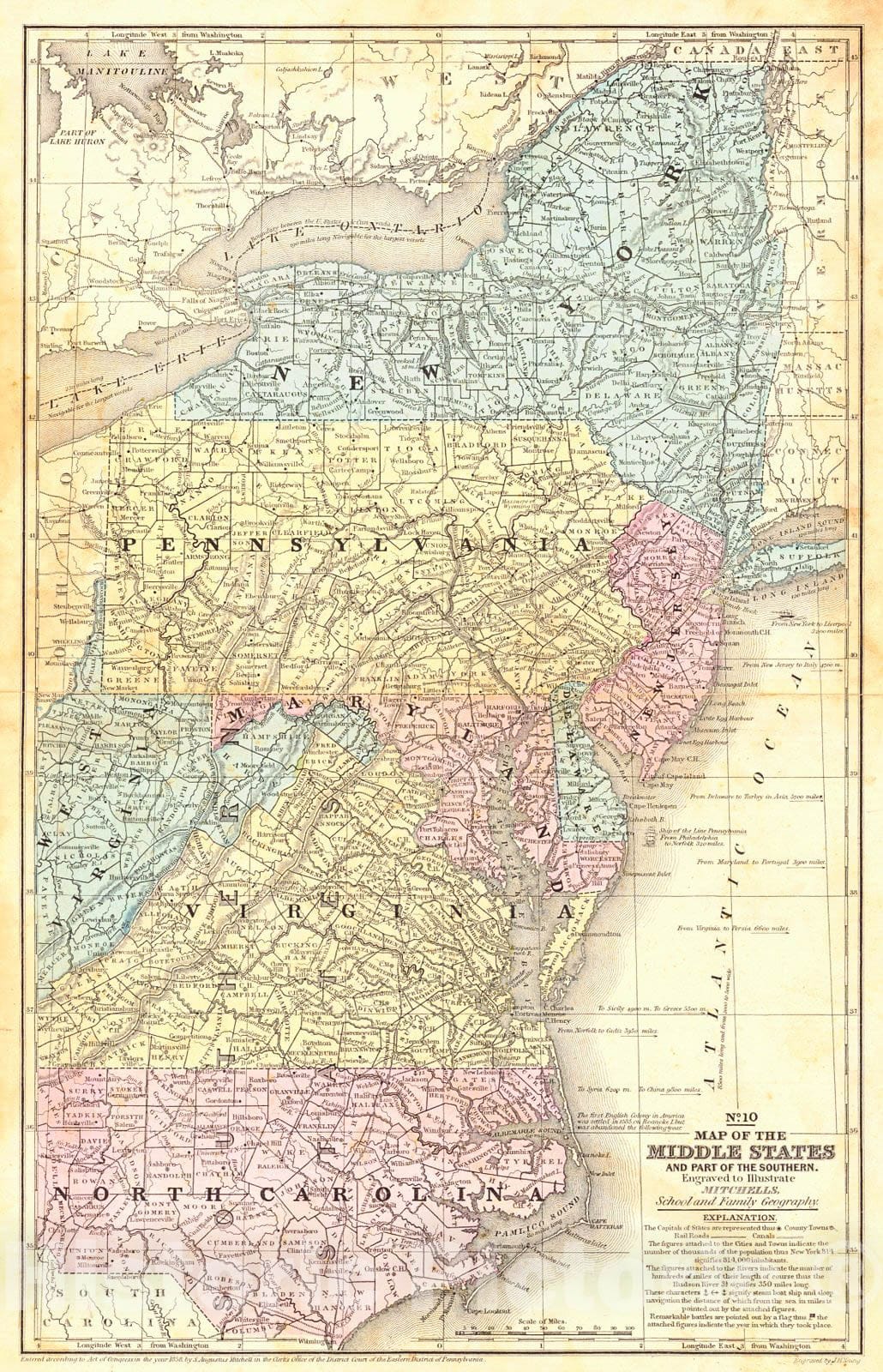 Historic Map : 1866 No. 10 Map of the Middle States and Part of the Southern : Vintage Wall Art
