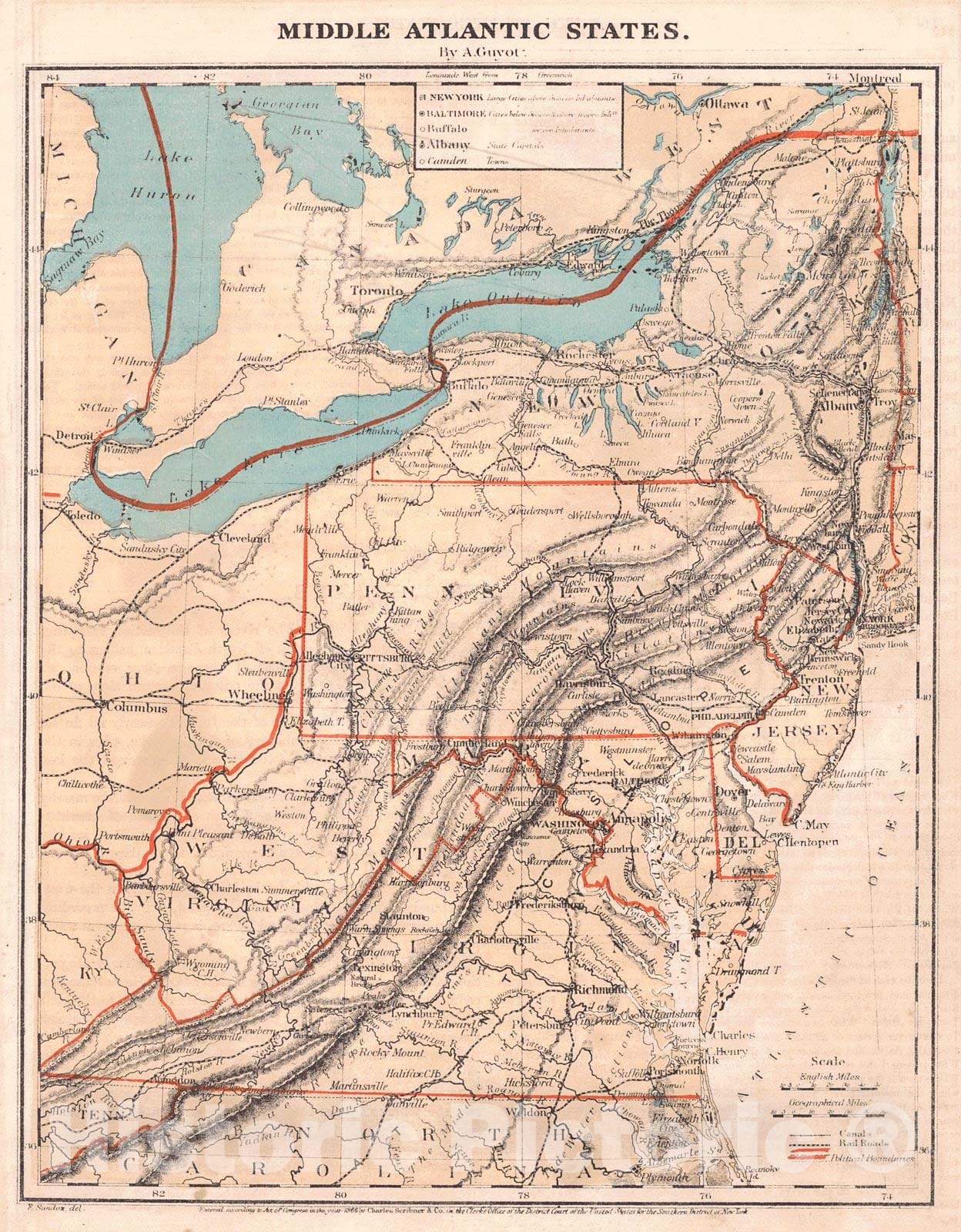 Historic Map : 1868 Middle Atlantic States : Vintage Wall Art
