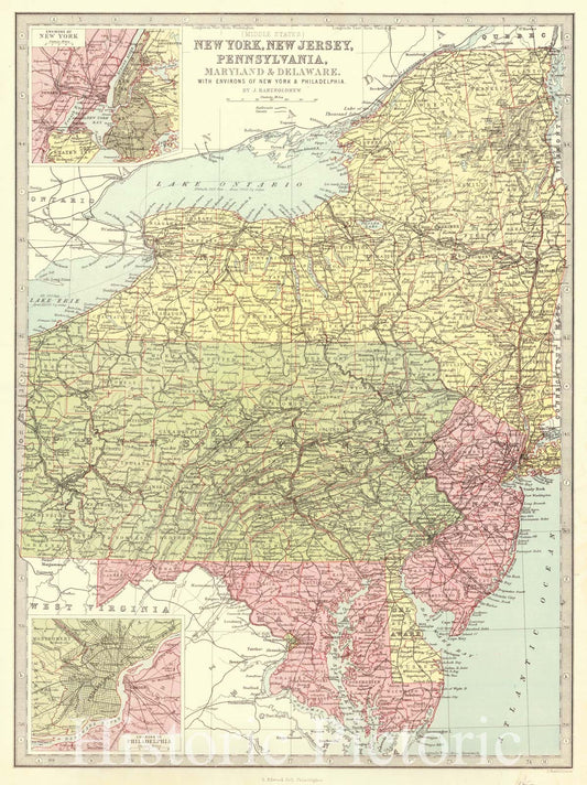 Historic Map : 1870 (Middle States) New York, New Jersey, Pennsylvania, Maryland, & Delaware with Environs of the New York and Philadelphia : Vintage Wall Art