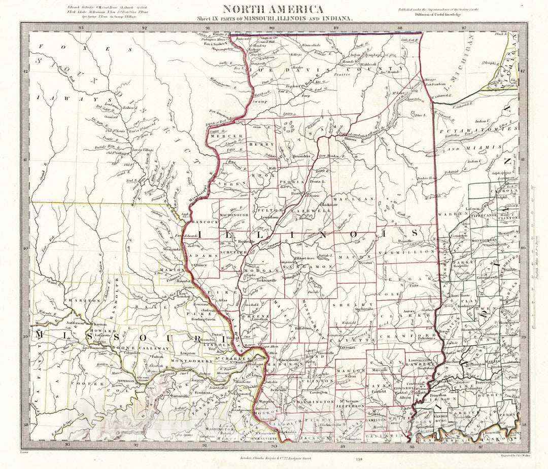 Historic Map : 1846 North America Sheet IX Parts of Missouri, Illinois and Indiana : Vintage Wall Art