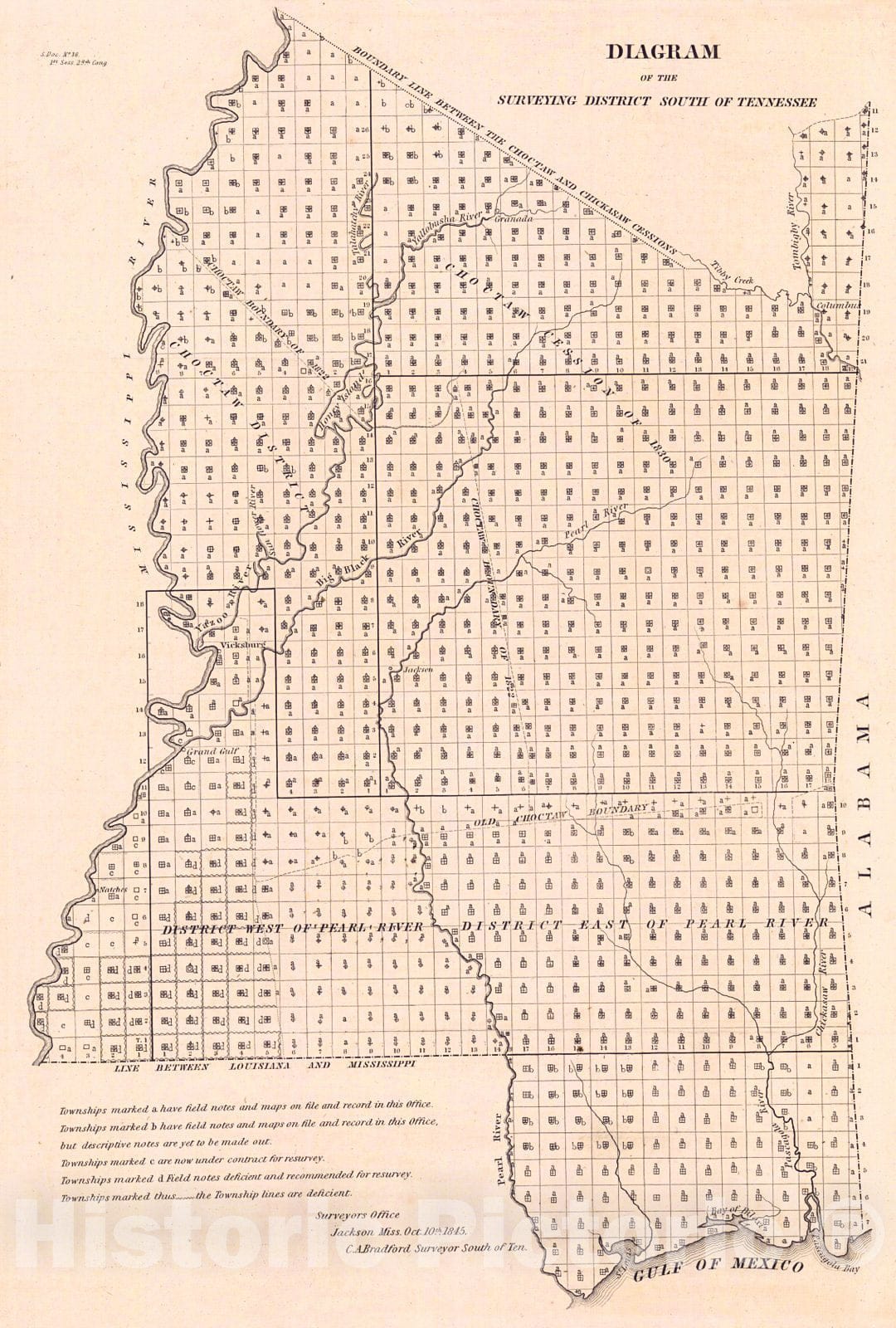 Historic Map : 1845 Diagram of the Surveying District South of Tennessee : Vintage Wall Art