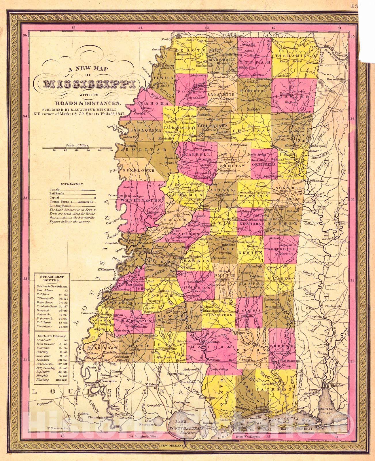 Historic Map : 1847 A New Map of Mississippi : Vintage Wall Art