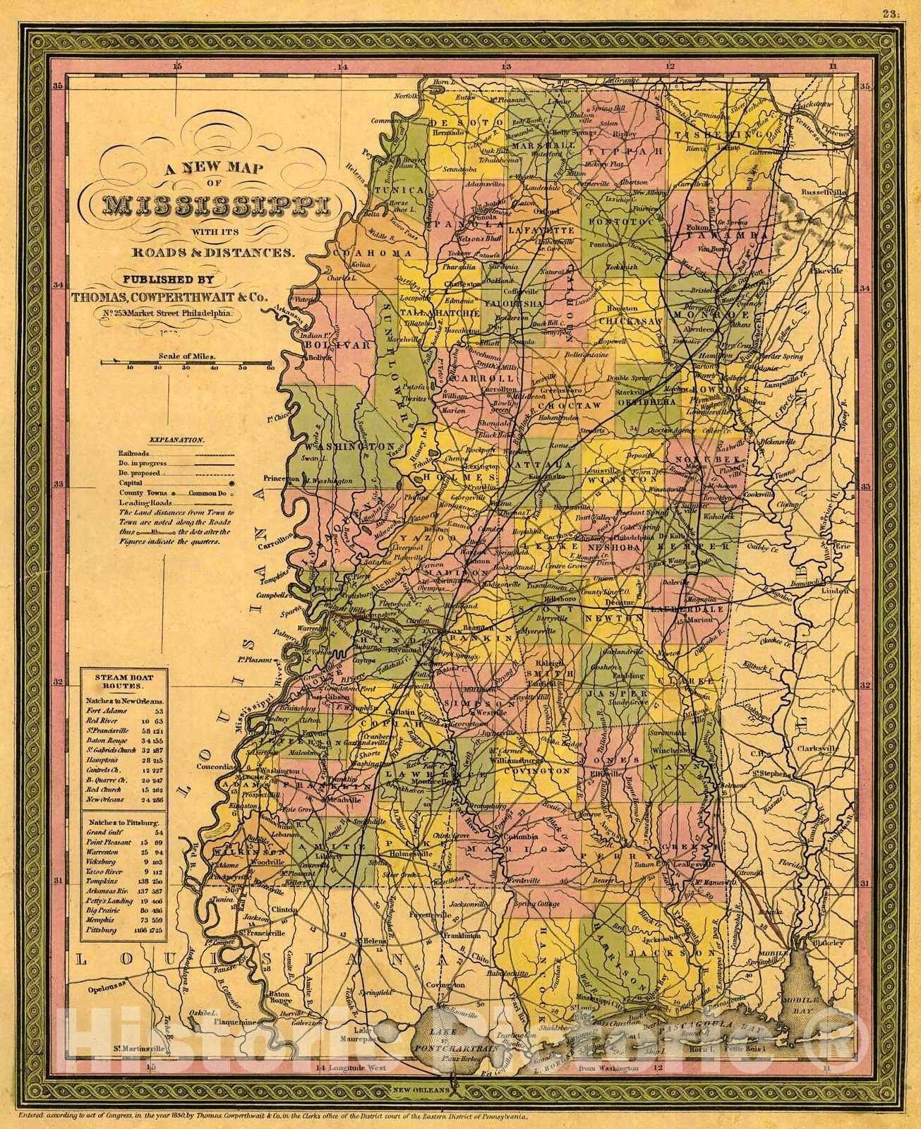 Historic Map : 1850 A new map of Mississippi with its roads and distances : Vintage Wall Art
