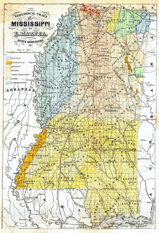 Historic Map : 1857 Geological Chart of Mississippi (from Preliminary Report on the Geology and Agriculture of the State of Mississippi) : Vintage Wall Art