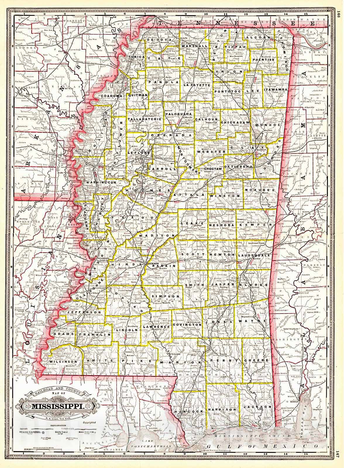Historic Map : 1887 Railroad and County Map of Mississippi : Vintage Wall Art