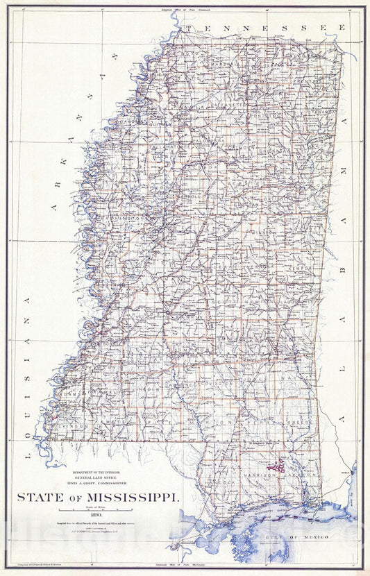 Historic Map : 1890 State of Mississippi : Vintage Wall Art
