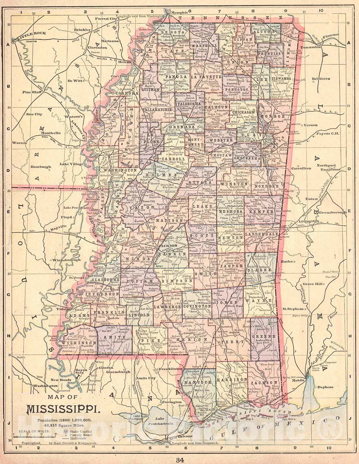 Historic Map : 1893 Map of Mississippi : Vintage Wall Art